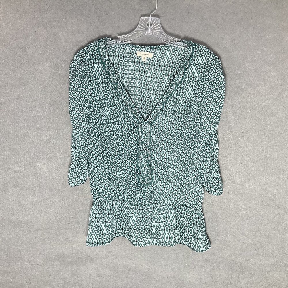 Max Studio Top Women’s Size XL Green Printed Peplum Ruffle Detail V-Neck‎ Blouse